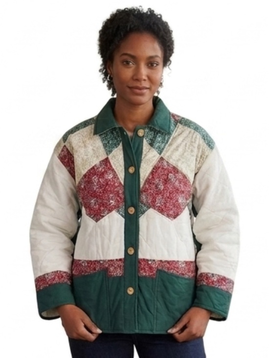 Jackets & Blazers - Patchwork Quilted Jacket with Floral Patterns Green White Red Pink Vintage M